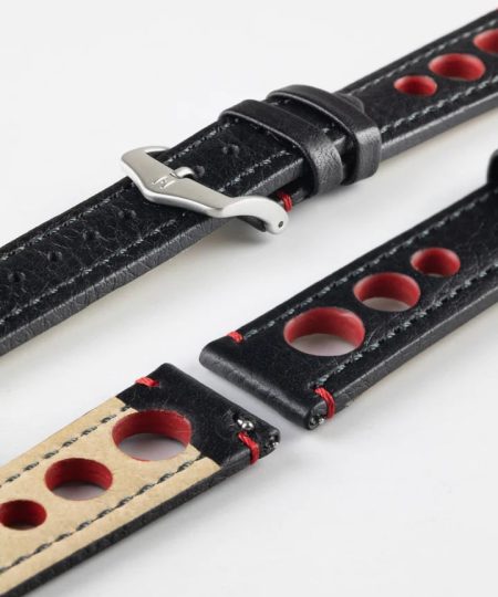 Hirsch RALLY Natural Leather Racing Watch Strap in BLACK / RED